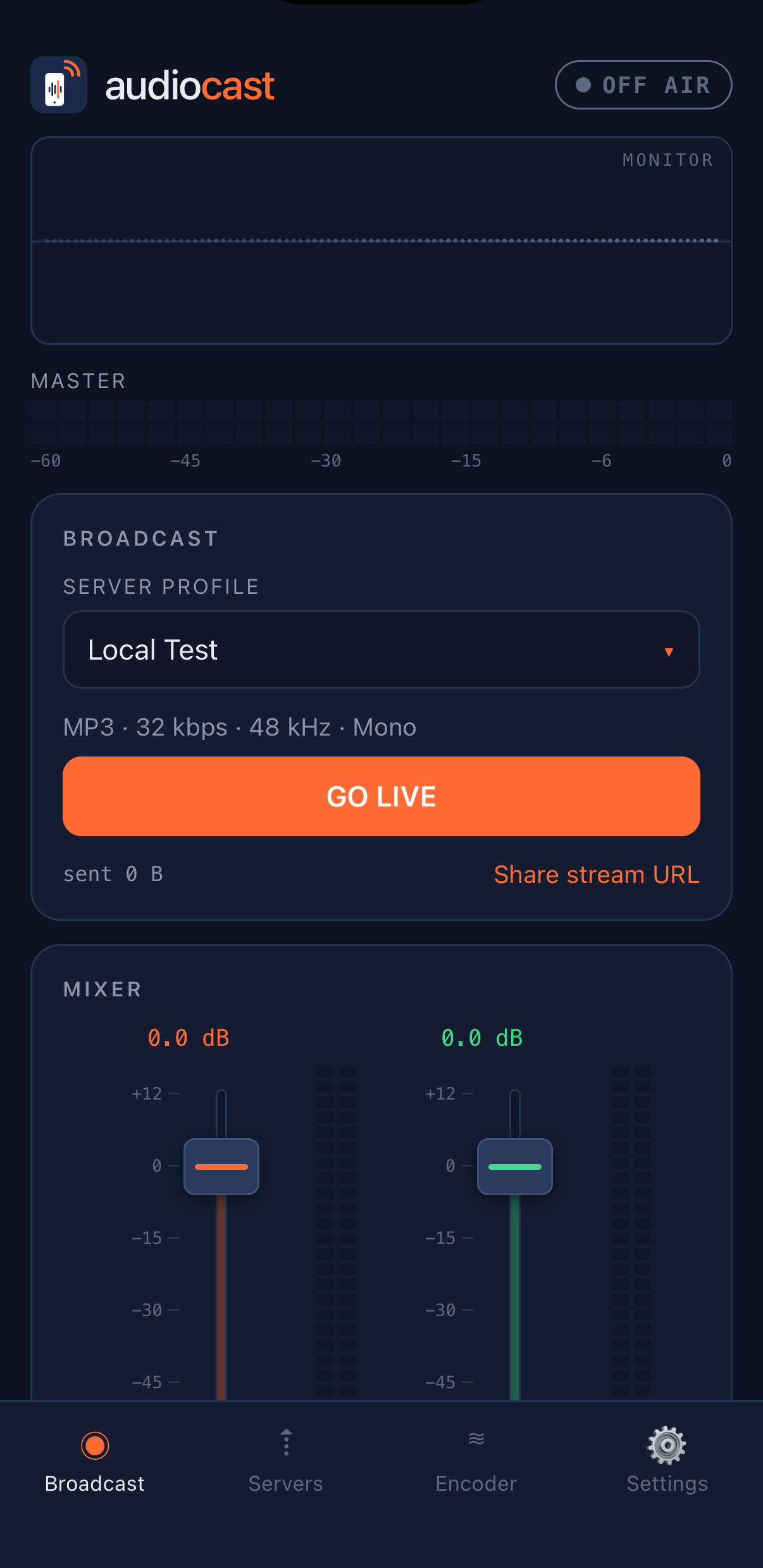 Audiocast broadcast screen with mixer and VU meters