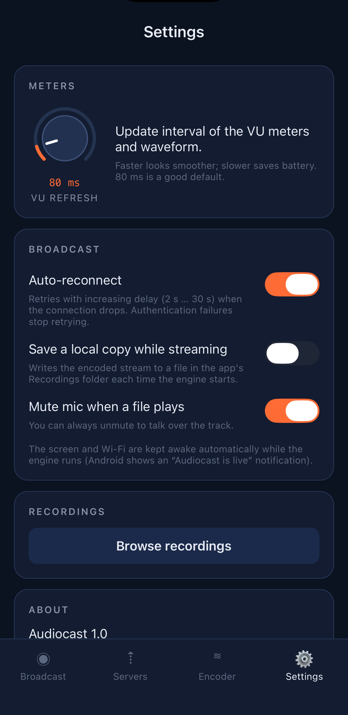 Audiocast settings screen